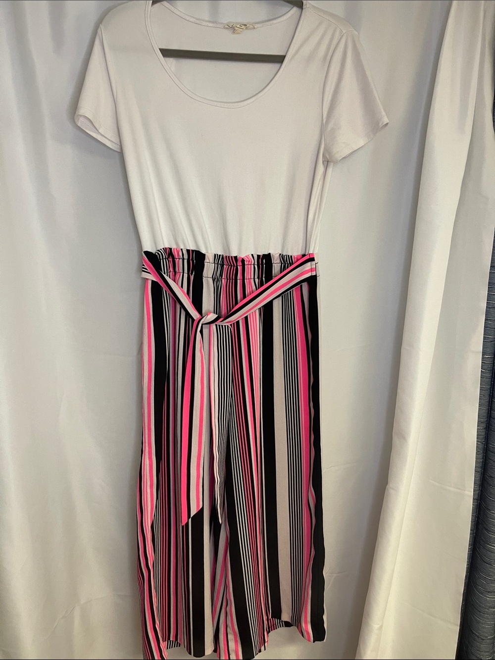 Striped Pink & Black Belted Jumpsuit